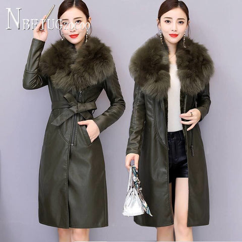 Faux Fur Collar Winter Women Pu Leather Coat Thick Korean Female Jacket