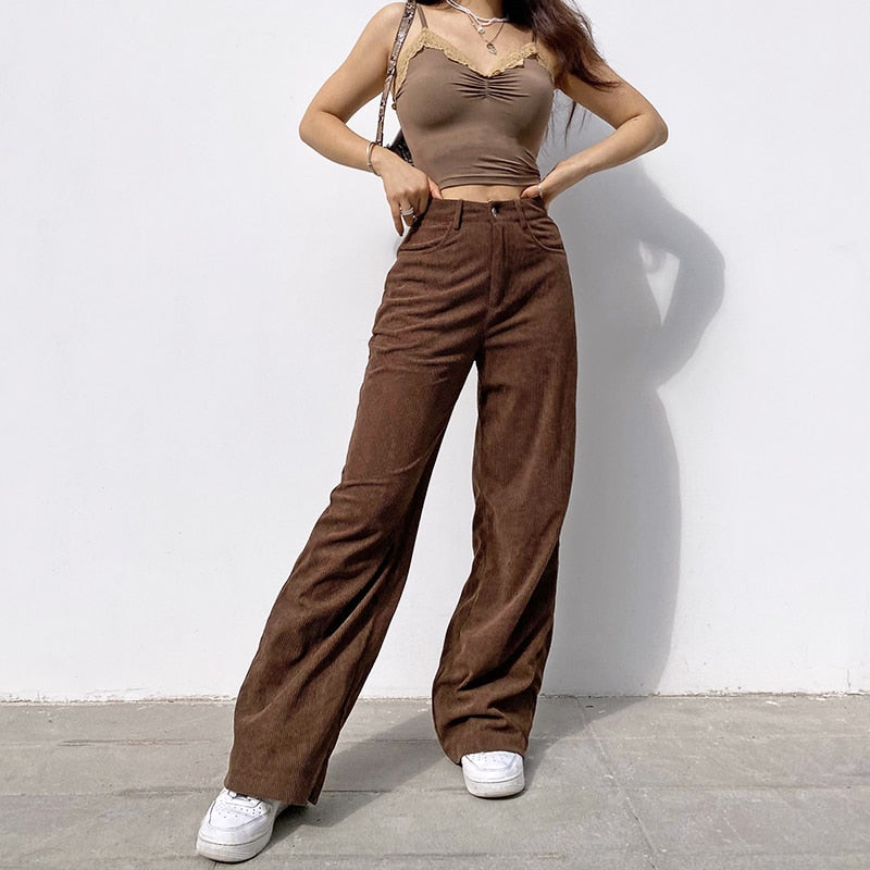 Sweetown Corduroy Y2K Joggers Women Cargo Pants 90s Streetwear Caramel Brown Low Waist E Girl Aesthetic Straight Trousers Female