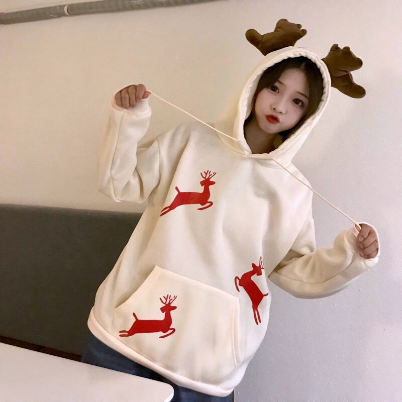 Merry Christmas gift Snow deer print Harajuku hoodie women winter jacket Red Kawaii sweatshirt Korean style Pullovers clothes