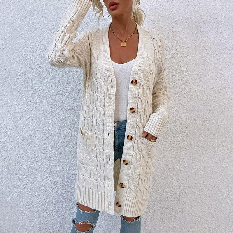 Women's Cardigan Sweater Autumn and Winter New Long Coat Twisted Rope Solid Color Knitted Sweaters Women