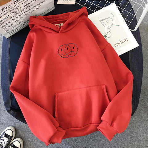 Korean Streetwear Sweatshirt Men Women Casual Pullover Hip Hop Long Sleeve Smile Sad Face Line Print Hoodies Sportswear Tops