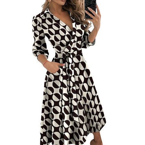 Spring Summer Lady Cover Up Women&  Shirt Dress Wave Print Long Sleeve V-Neck Casual Loose Holiday Midi Dress Plus Size