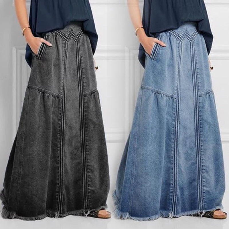 Oversize Fashion Street Skirt Summer A Line Denim Skirt Women Autumn Sun Skirt Casual Solid High Waist Women's Long Skirt