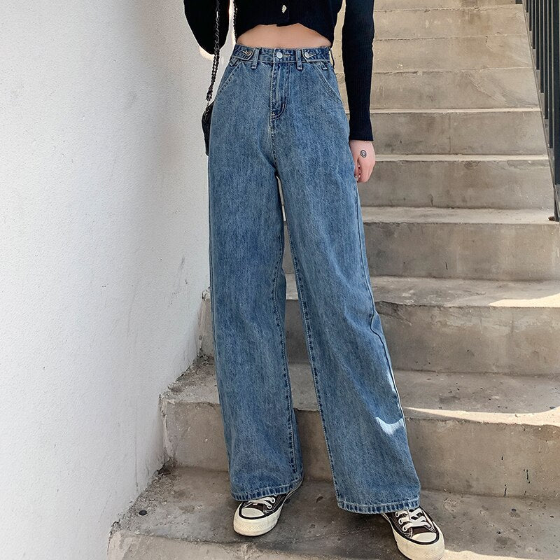 Fashion ladies jeans high waist three-color loose jeans street style high waist jeans wide feet retro high quality pants