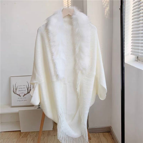 Fur Collar Winter Shawls And Wraps Bohemian Fringe Oversized Womens Winter Ponchos And Capes Batwing Sleeve Cardigan