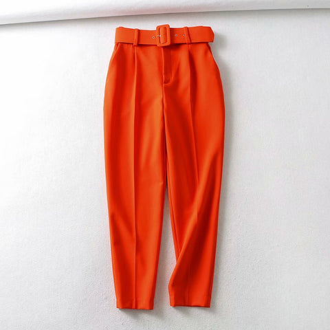 Women fashion solid color sashes casual slim pants chic business Trousers female fake zipper pantalones mujer retro pants P575