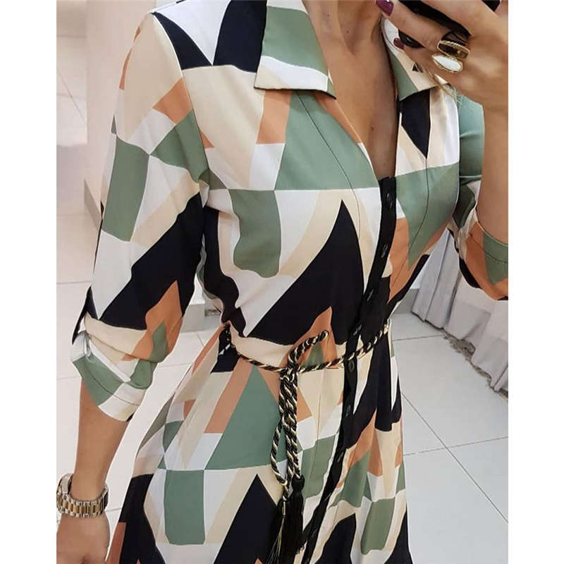 Spring Summer Lady Cover Up Women&  Shirt Dress Wave Print Long Sleeve V-Neck Casual Loose Holiday Midi Dress Plus Size