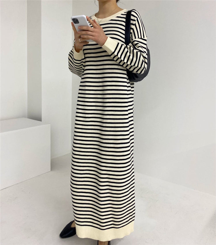 Autumn And Winter New Large Size Long Sweater Dress Women Loose Striped Knitted Sweater Korea Style Casual Knit Dresses