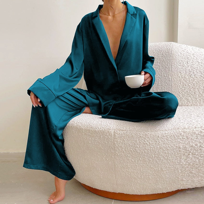 Oversized Satin Silk Sleepwear Low Cut Sexy Pajamas For Women Single-Breasted Long Sleeves Wide Leg Pants Trouser Suits