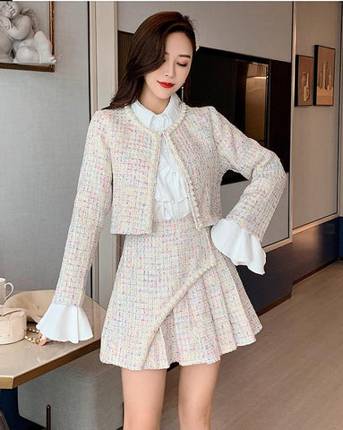 New High Quality Women Autumn Winter 3 Piece Sets Lady Fashion Elegant Slim Coat Skirt Shirt Three-piece Suit Tweed Sets