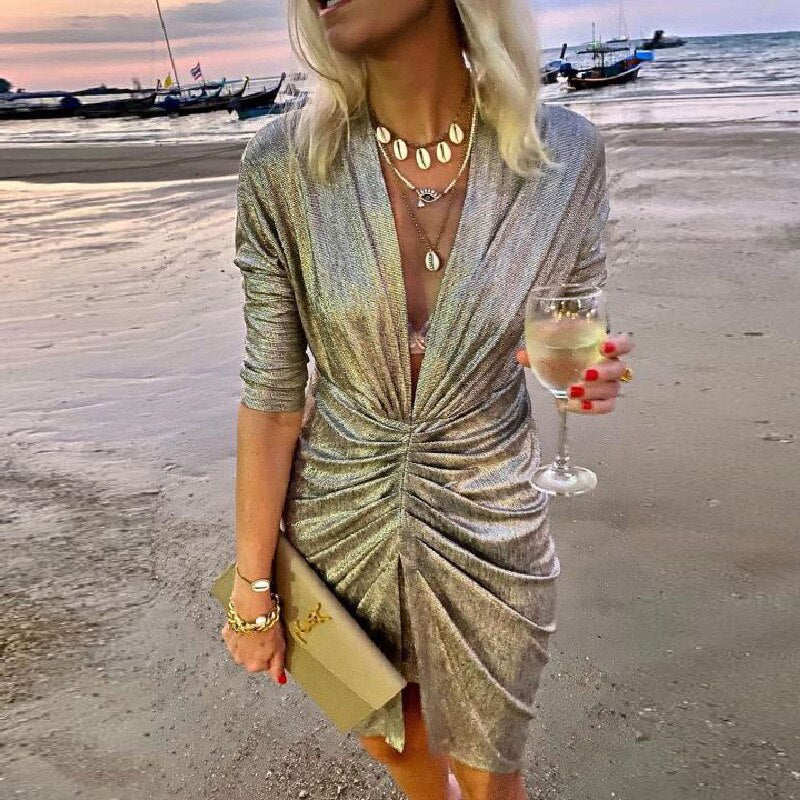 Lady Elegant Long Sleeve Club Glitter Mini Dress Sexy Deep V Neck Shiny Silk Party Dress Women Folds Pleated Bodycon Slit Dress