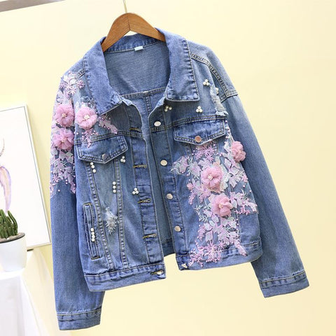 Pbong mid size graduation outfit romantic style teen swag clean girl ideas 90s latina aestheticAutumn Women Denim Jacket Embroidery Three-dimensional Floral Jeans Jacket Beading Pearl Ripped Hole Bomber Outerwear P778