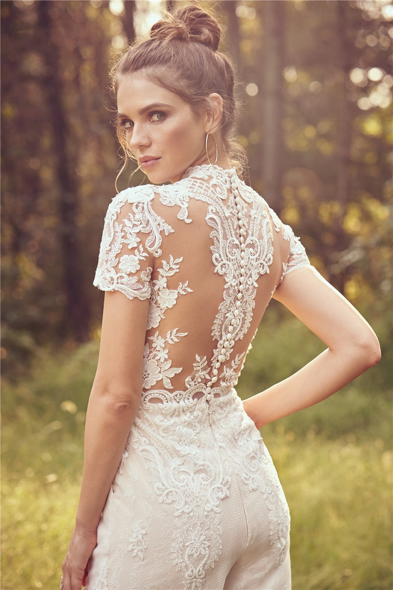 Pbong mid size graduation outfit romantic style teen swag clean girl ideas 90s latina aestheticNew Country Jumpsuits  Wedding Dresses Custom Made Elegnat  High Neck Short Sleeve Lace Appliqued Beach Boho Bridal Gowns