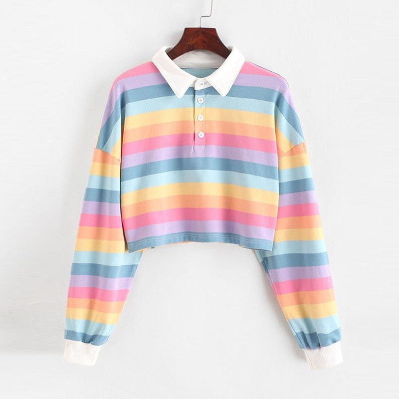 Polo Shirt Women Sweatshirt Long Sleeve Rainbow Color Ladies Hoodies With Button Striped Korean Style Sweatshirt Women