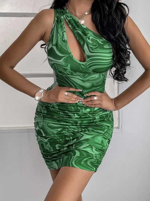 One Shoulder Mesh Sexy Bodycon Dresses Women White Pleated Mini Summer Dress Vestidos Elegant Club Party Dresses