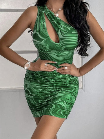 One Shoulder Mesh Sexy Bodycon Dresses Women White Pleated Mini Summer Dress Vestidos Elegant Club Party Dresses