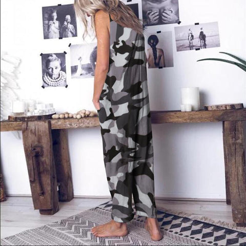 Women Camouflage Printed Jumpsuits Celmia Summer Spaghetti Strap Casual Loose Drop-Crotch Long Rompers Harem Pants Overalls