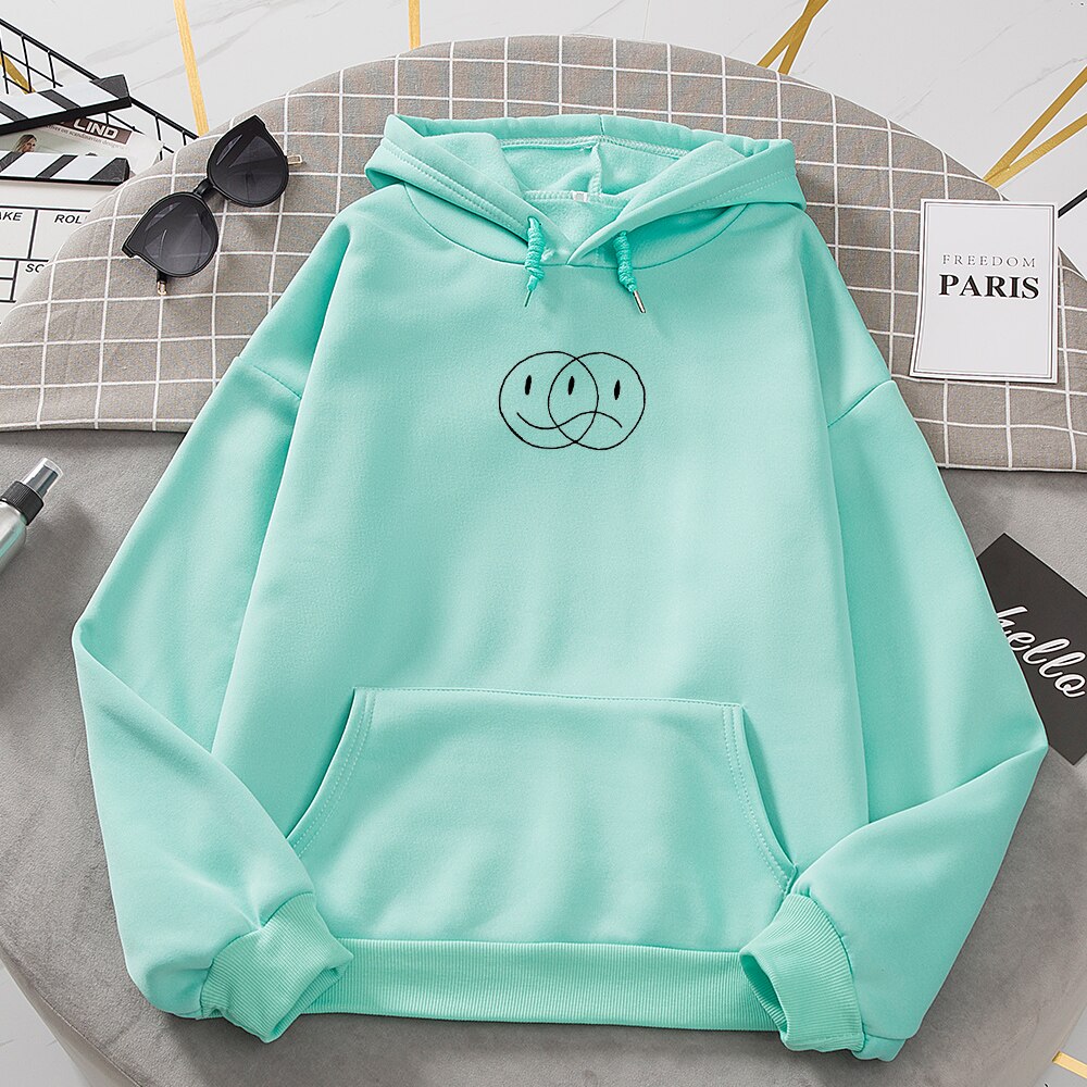 Korean Streetwear Sweatshirt Men Women Casual Pullover Hip Hop Long Sleeve Smile Sad Face Line Print Hoodies Sportswear Tops