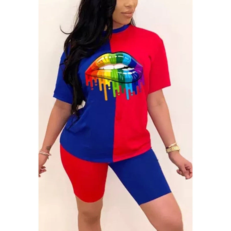 Pbong mid size graduation outfit romantic style teen swag clean girl ideas 90s latina aestheticNew Summer Women Fashion Rainbow Lip Print Sportswear Top and Shorts 2pc Set Ladies Casual O-Neck Pullover Short Sleeve T-Shirt