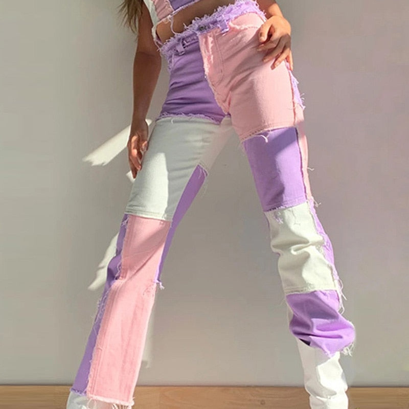 Hip-hop punk pants High Waist Pants autumn winter street jeans wear trousers Contrast patchwork female Tight pencil pant