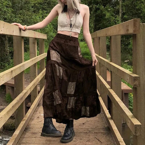 y2k Cute Party Long Skirts Printed Boho Grunge Fairyore Retro Skirts Kawaii Holiday Brown Pleated Skirts Women Elegant