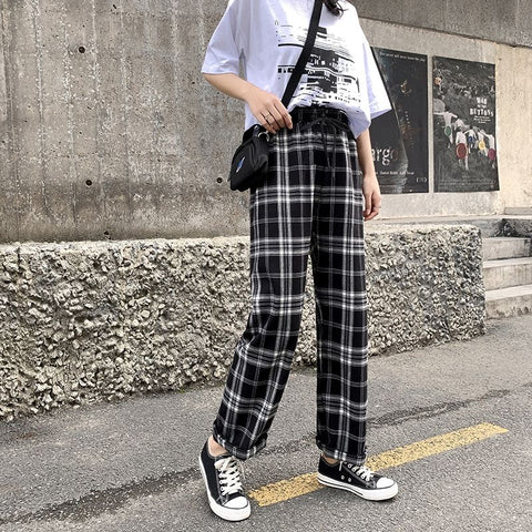 Wide Leg Pants Women Oversize Korean Summer Chic Fashion Black Plaid Womens Trousers High Waist Pockets Schoolgirls Streetwear