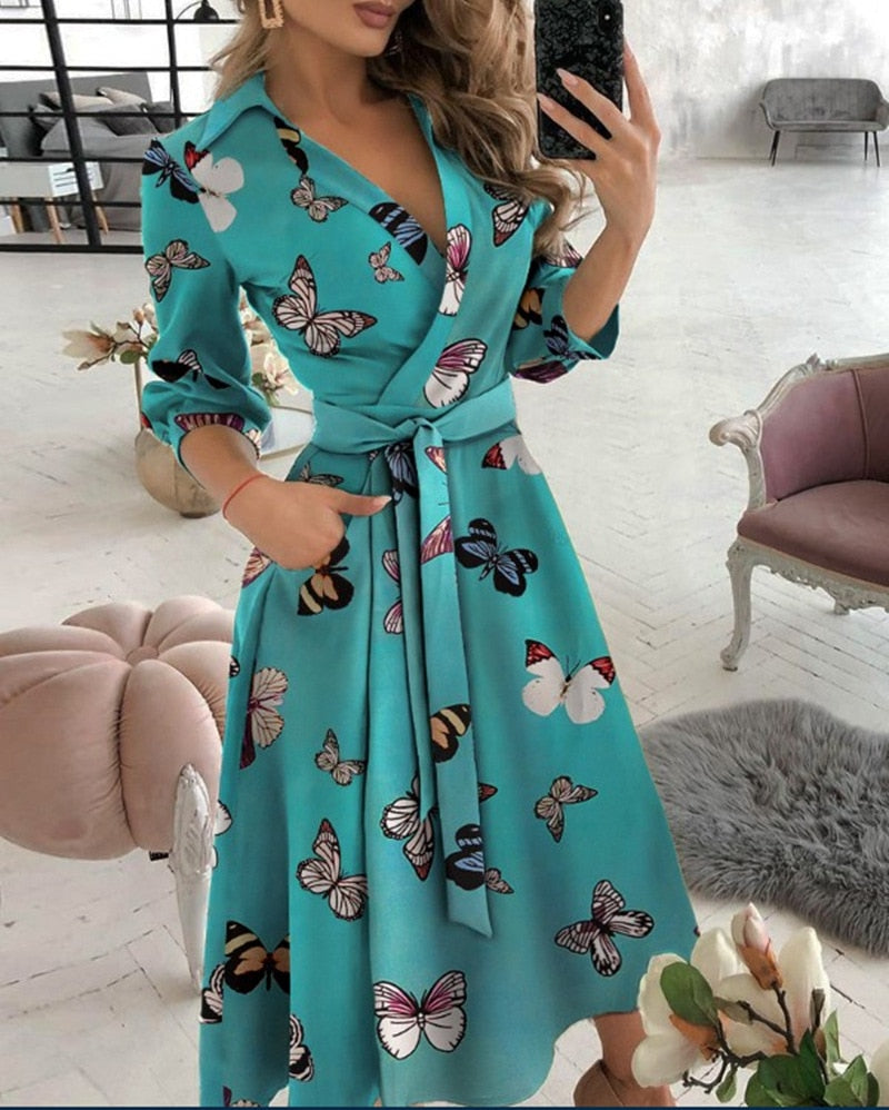 Spring Summer Lady Cover Up Women&  Shirt Dress Wave Print Long Sleeve V-Neck Casual Loose Holiday Midi Dress Plus Size