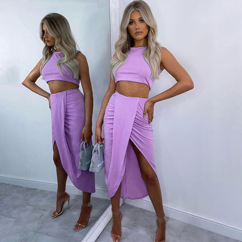 White Casual Two Piece Set Top Pleated Long Skirt Split Autumn Women Set High Stretch 2 Piece Set Women Outfit