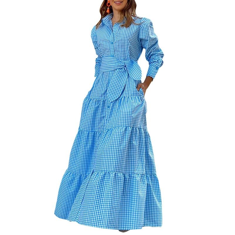 Women Bohemian Plaid Shirt Dress  Autumn Long Sleeve Party Sundress Casual Lapel Button Vintage Belted Pockets Vestido