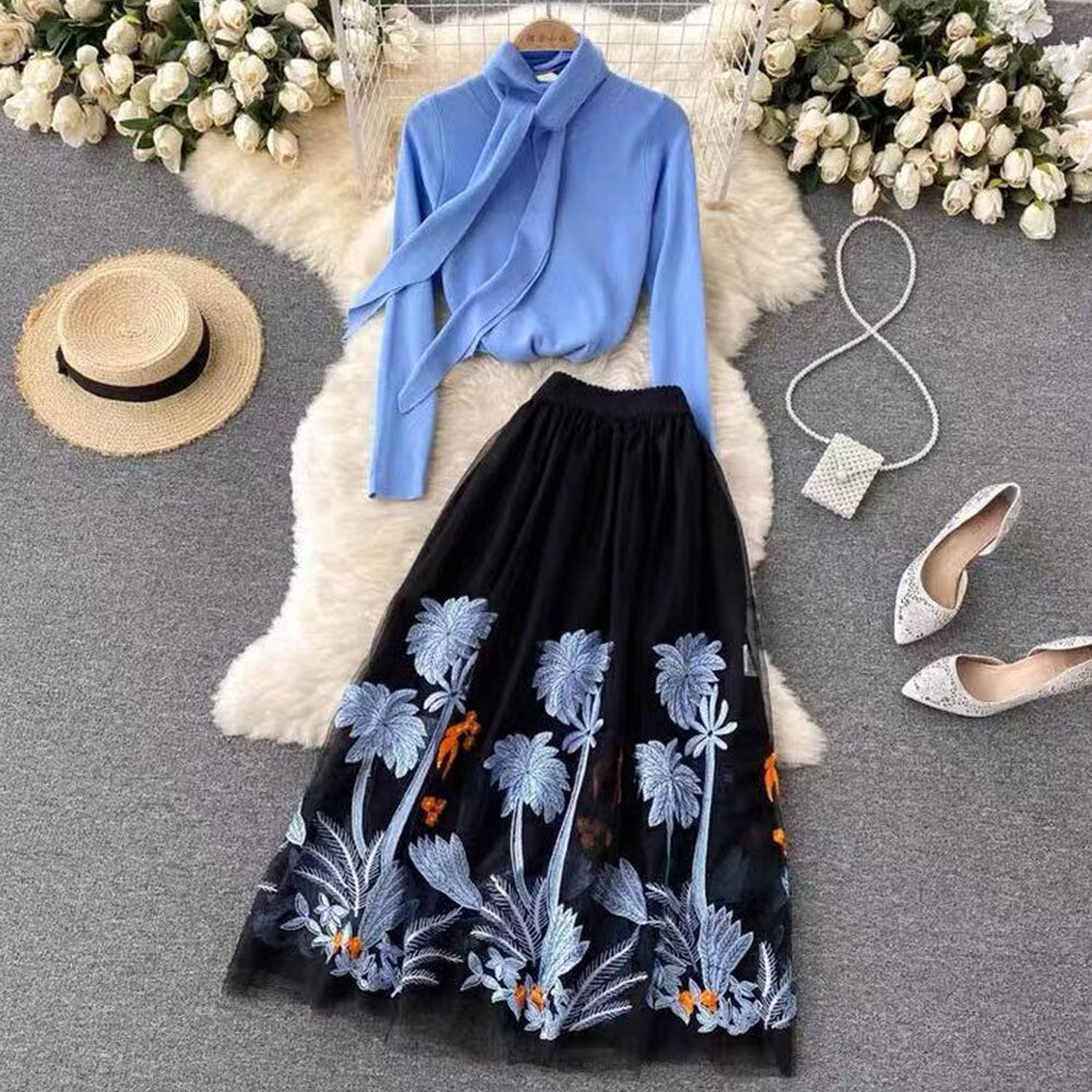 Autumn Spring Blue Knit Tops and Embroidery A-line Midi Skirt Two piece Sets Women Runway Design Fashion Knit Set Suit M69511