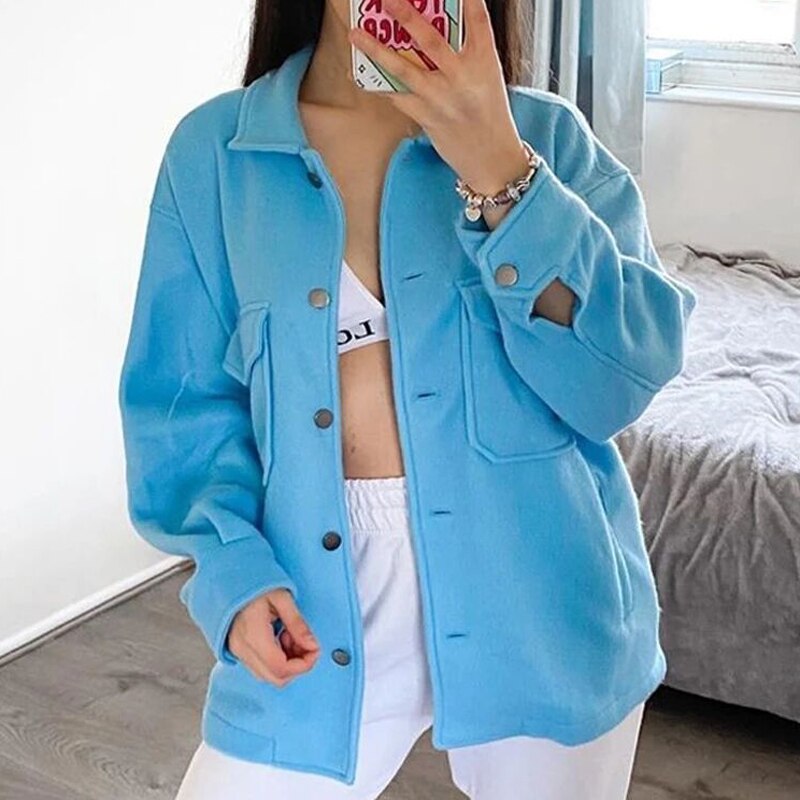 Women Single Breasted Turn-down Collar Wool Coat Casual Long Sleeve Button Pocket Outwear Female Solid Loose Streetwear Jacket