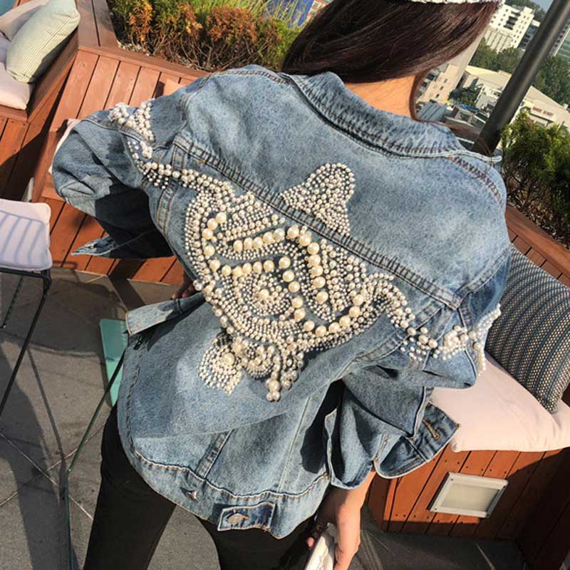 Pearls Embellished Denim Jacket For Women Light Blue Vintage Jacket Coat Bead Embroidery Autumn Winter Outwear