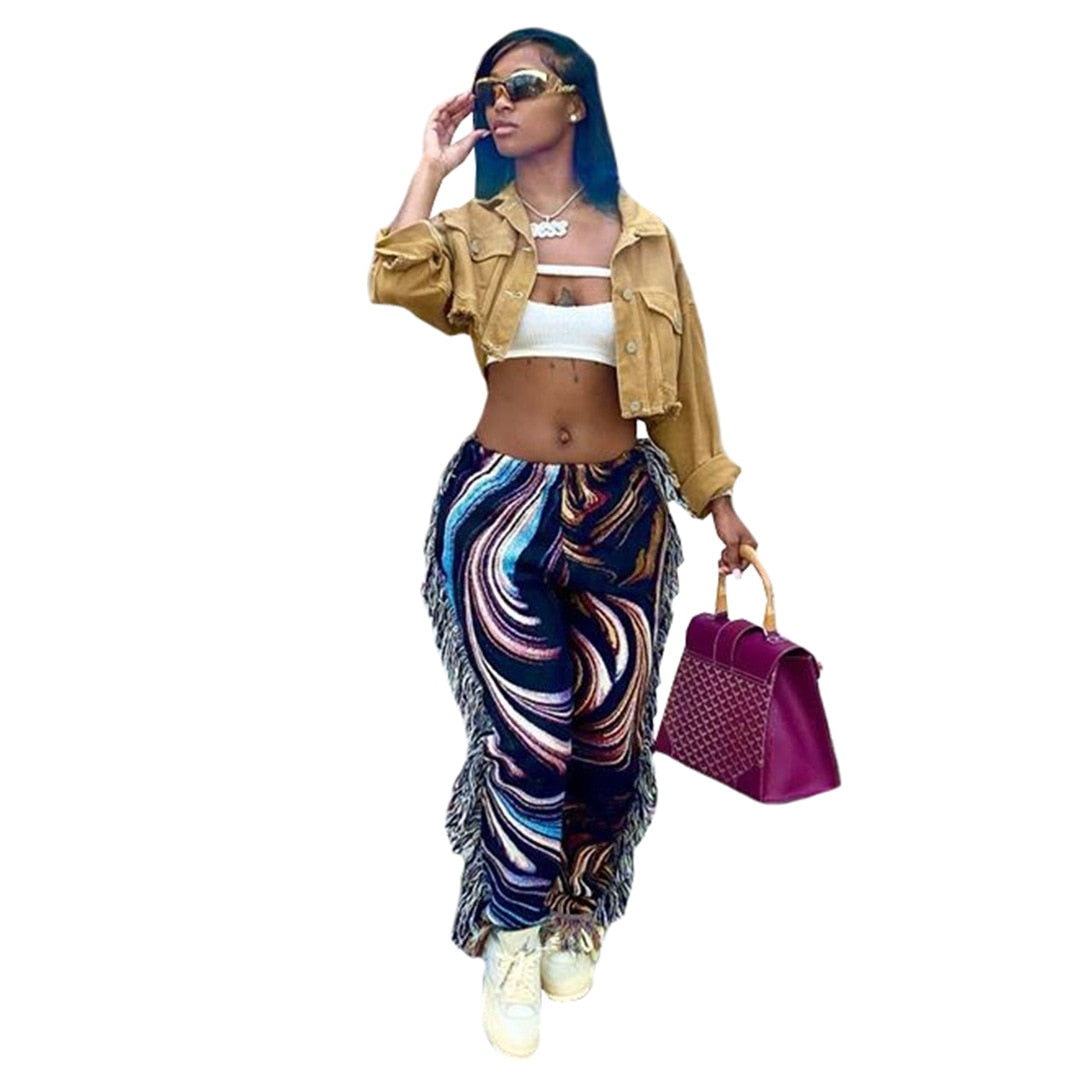 Side Tassels Patchwork Striped Print Jogger Pant Women Rave Festival Clothing Fashion Casual High Waist Bodycon Sweat Pants