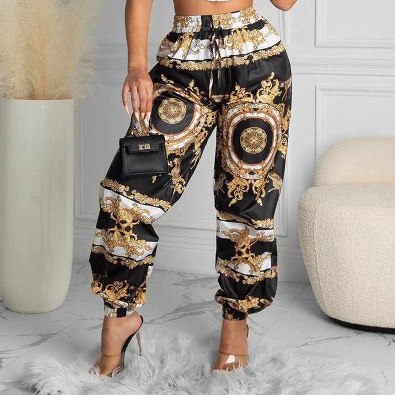 Summer Women Black Clubwear Two Piece Suit Sets Sleeveless Scarf Print Crop Top &amp; High Waist Casual Long Pants Set