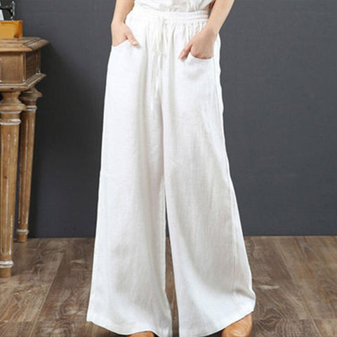 Pbong Women's Cotton Linen Pants High Waisted Harem Loose Soft Elastic Waist White Summer Pants Blue Casual  Trousers For Female