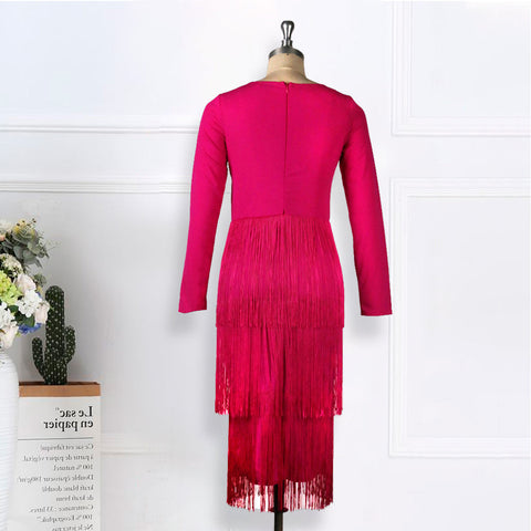 Pbong mid size graduation outfit romantic style teen swag clean girl ideas 90s latina aestheticRose Red Long Sleeves Tassels Women Midi Dress Deep V Neck Sexy Patchwork with Zipper Female Date Out Fashion Spring New