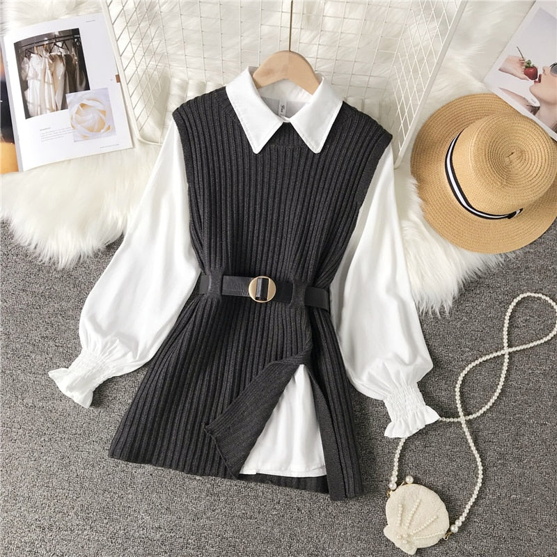 spring autumn women's lantern sleeve shirt knitted vest two piece sets of College style waistband vest two sets top UK900