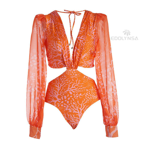 V- Neck Bandage Print Long Sleeve Swimwear Women Monokini Sexy Bathing Suit String Backless Beachwear Pus Size L47