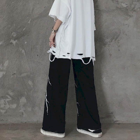 Men's casual pants dark lightning print loose all-match retro pants high street straight wide-leg pants sports pants mens autumn