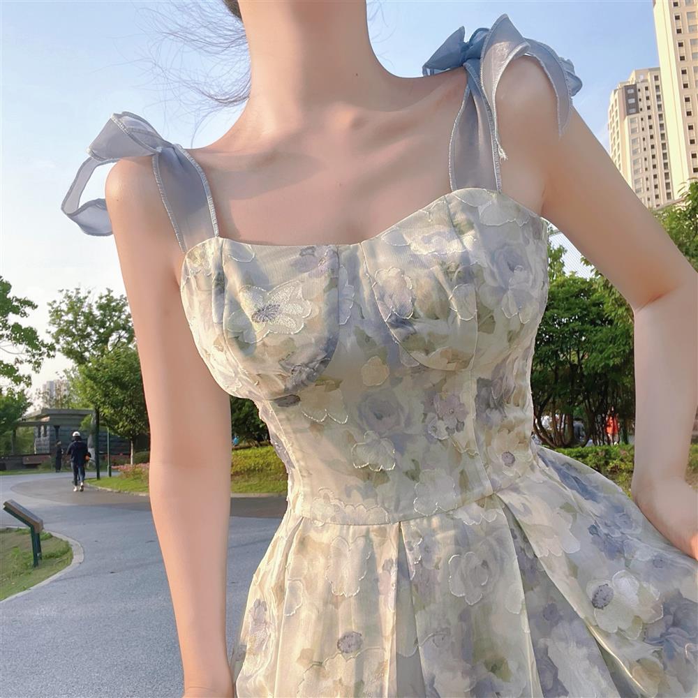 Elegant Long Flower Strap Dress Women Vintage Sweet Print Korean Slip Fairy Dress Casual Calssy Party Princess Dress Summer