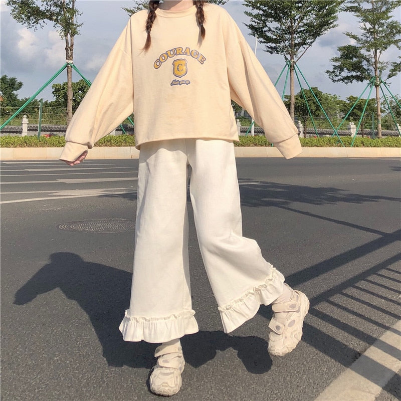 Japanese Kawaii Soft Girl Women Pants Sweet Ruffled Basis Wild High Waist Loose Trousers Elastic Waist Casual Solid Student Pant