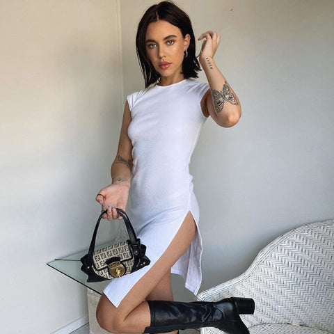 Pbong mid size graduation outfit romantic style teen swag clean girl ideas 90s latina aestheticNew Women's Fashion Summer Sexy Knee-length Sleeveless Soild Color Dress Female O-neck High Waist Gothic Dress Split