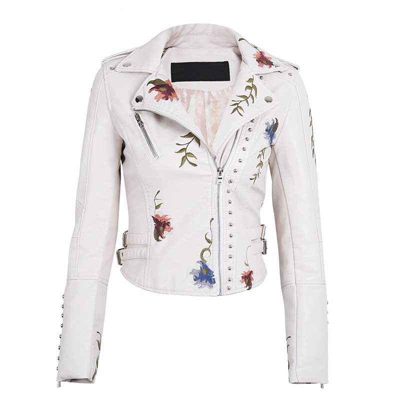 Ailegogo Spring Autumn Flowers Embroidery Pu Leather Jacket Women Turn-down Collar Rivet Zipper Black Biker Coats Tops Clothes