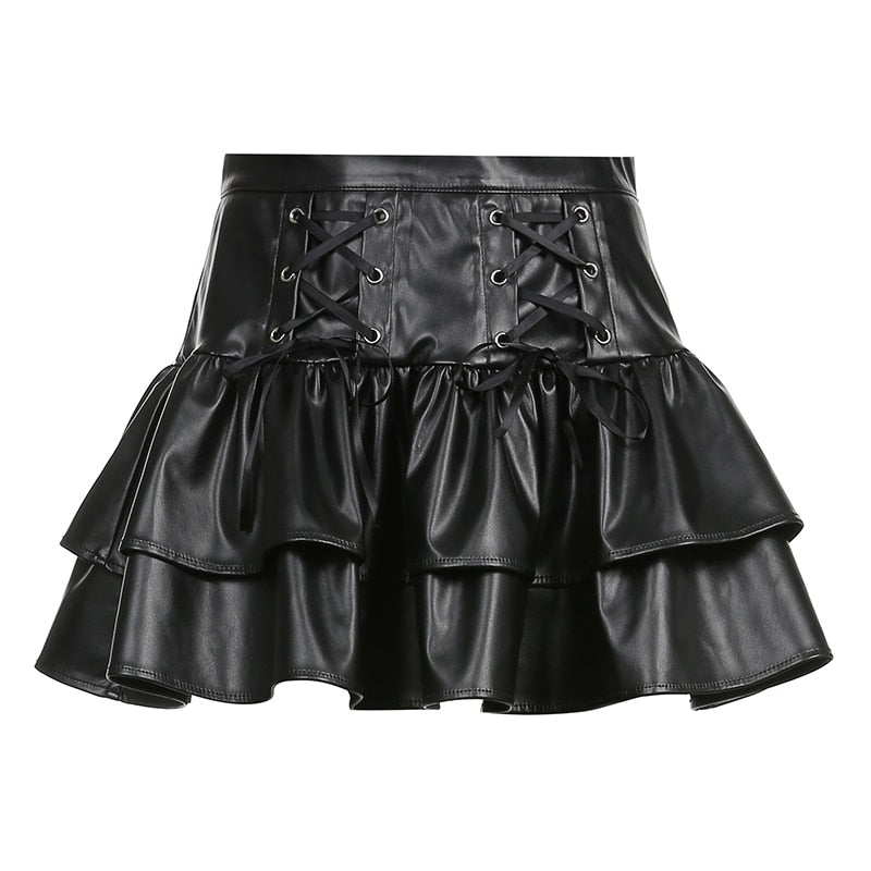 Gothic Bandage Pu Pleated Skirt Darl Black Leather High Waisted Mini Skirts Women Fashion Preppy Style Streetwear