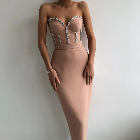 Sexy Strapless Women Dress Bandage Bodycon New Elegant Beading Party Evening Club Midi Dresses Summer Autumn Clothes