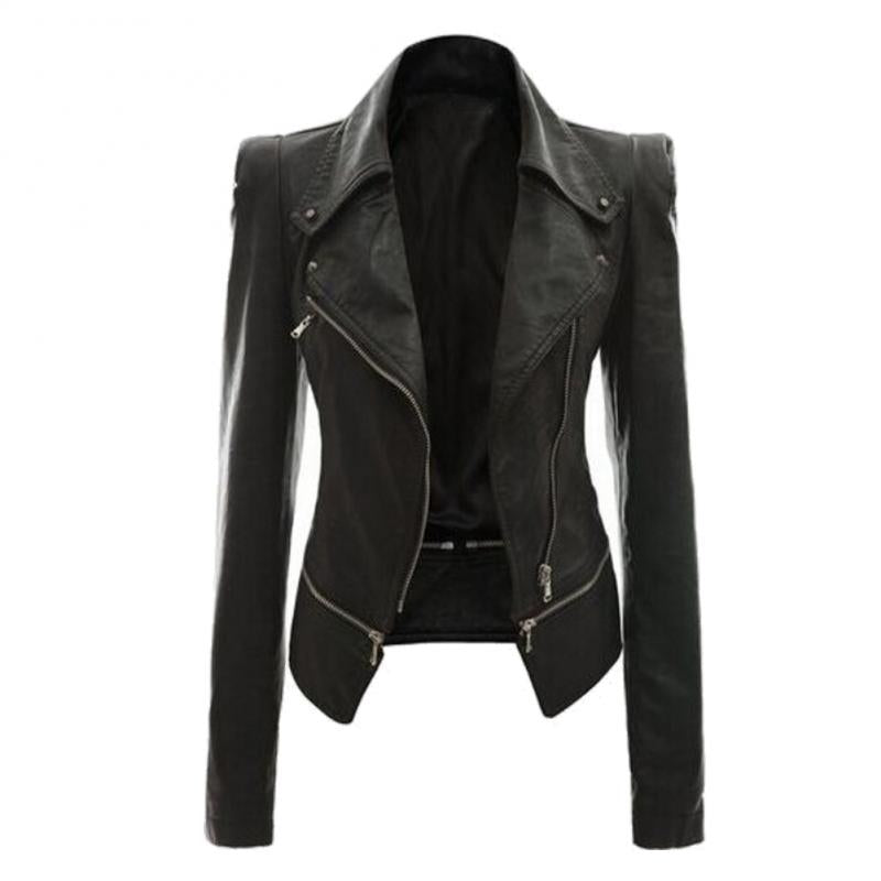 Women Autumn zipeer Soft Leather Jacket Coat Turn-down Collar Casual Pu Motorcycle Black Punk Outerwear