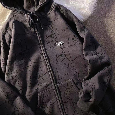 Pbong 12345-Lillte bear Cartoon Vintage Spring and summer Sweatshirt Women Korean Zip Up Hoodie Women Fashion Clothe Hoodies