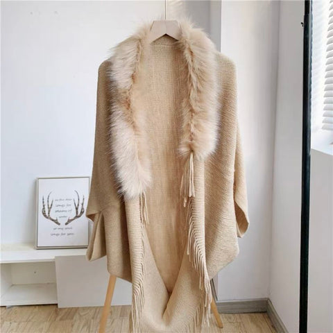 Fur Collar Winter Shawls And Wraps Bohemian Fringe Oversized Womens Winter Ponchos And Capes Batwing Sleeve Cardigan