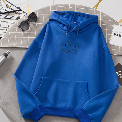 Korean Streetwear Sweatshirt Men Women Casual Pullover Hip Hop Long Sleeve Smile Sad Face Line Print Hoodies Sportswear Tops