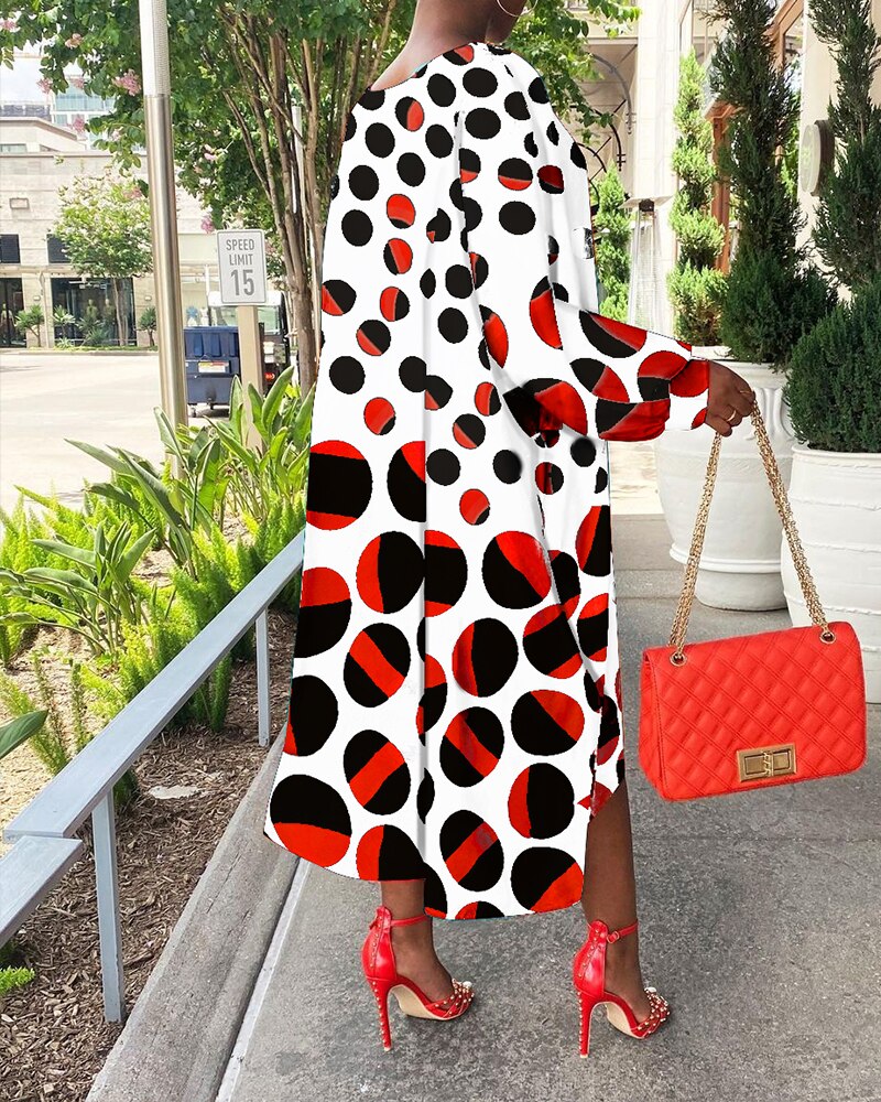 Spring Autumn Clothes Casual Gradient Polka Dot Bat Sleeve Loose Midi Dress Fashion Streetwear Long Tunics Women's Dresses